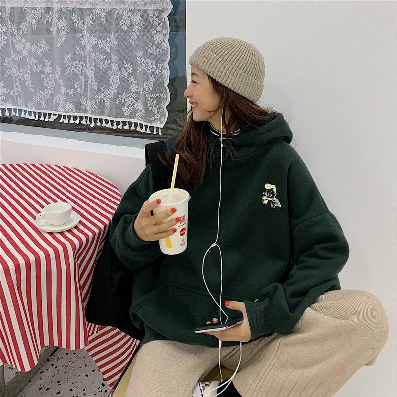 新款卫衣女INS韩版宽松BF风咖啡学生休闲连帽加绒外套服：墨绿色