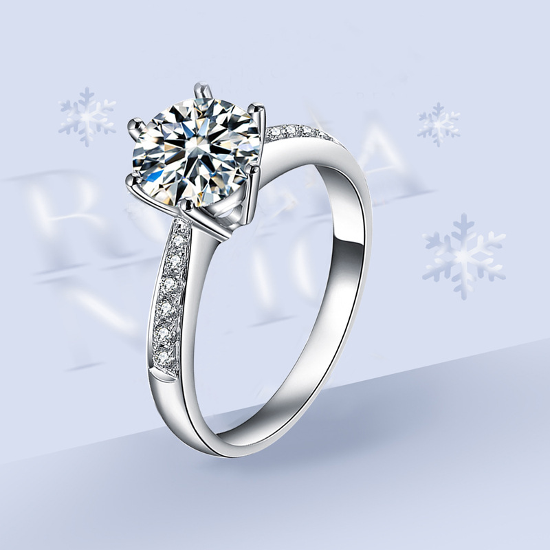 D色银镀18k白金经典六爪莫桑钻戒指女纯银高碳钻戒指