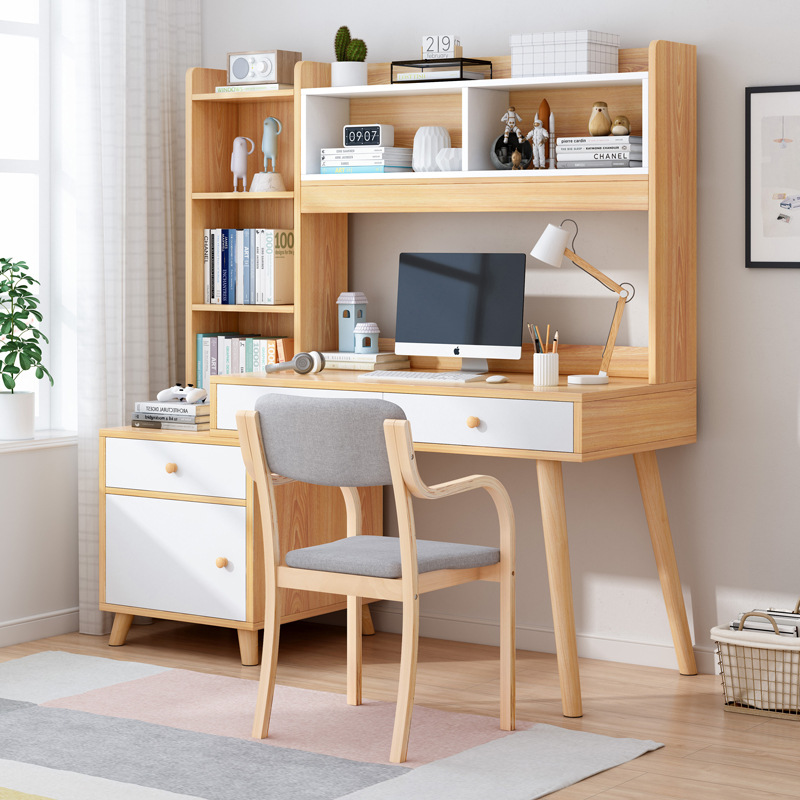 简约北欧家用书房学生电脑台式桌书架书柜组合一体书桌学习写字桌