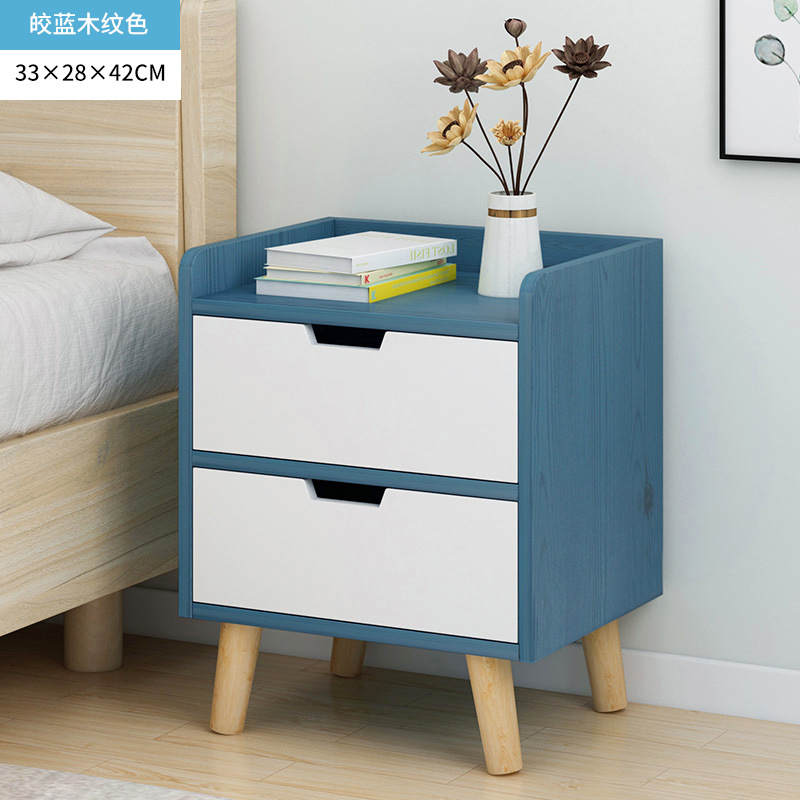 简约现代床头柜置物架简易卧室小柜子储物柜小型床边收纳小柜子：双抽皎蓝