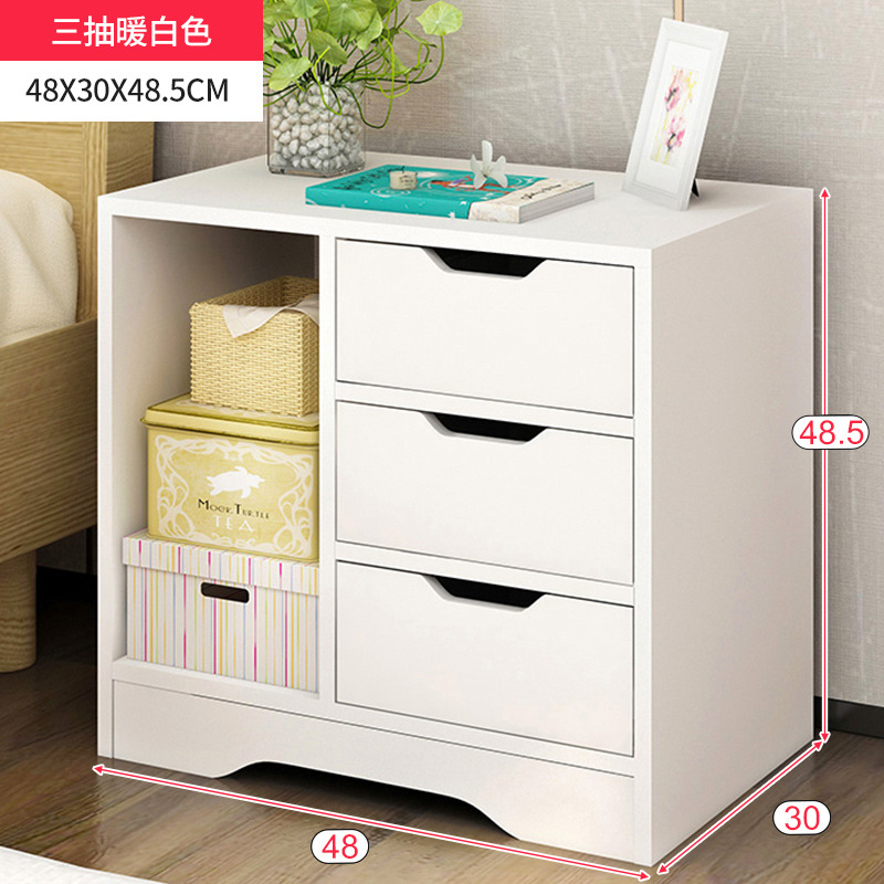 床头柜置物架简约现代小型卧室经济型收纳柜仿实木储物简易小柜子：三抽暖白