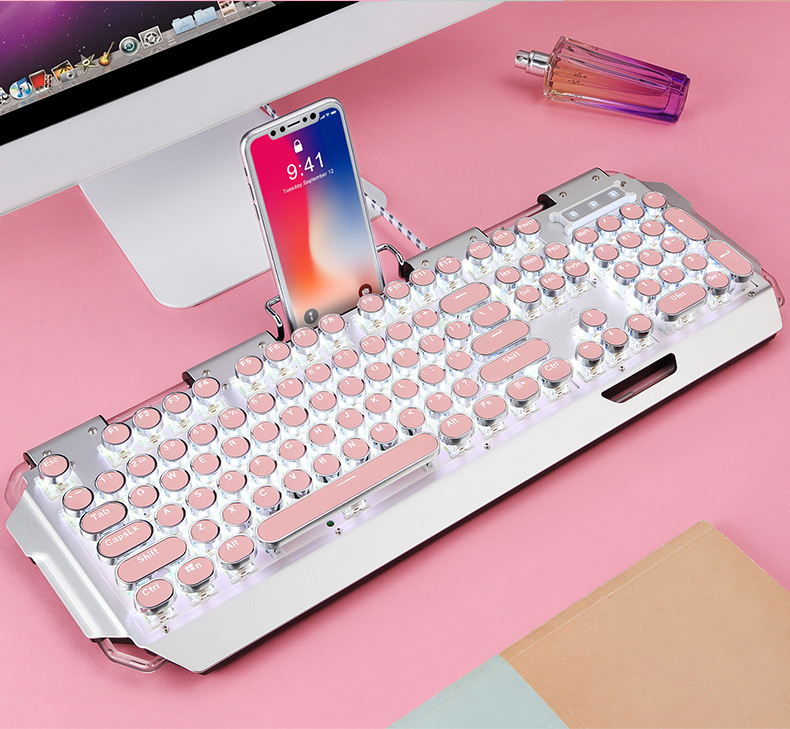 新盟X10蒸汽朋克键盘可爱粉色真机械键盘青轴游戏台式电脑女生