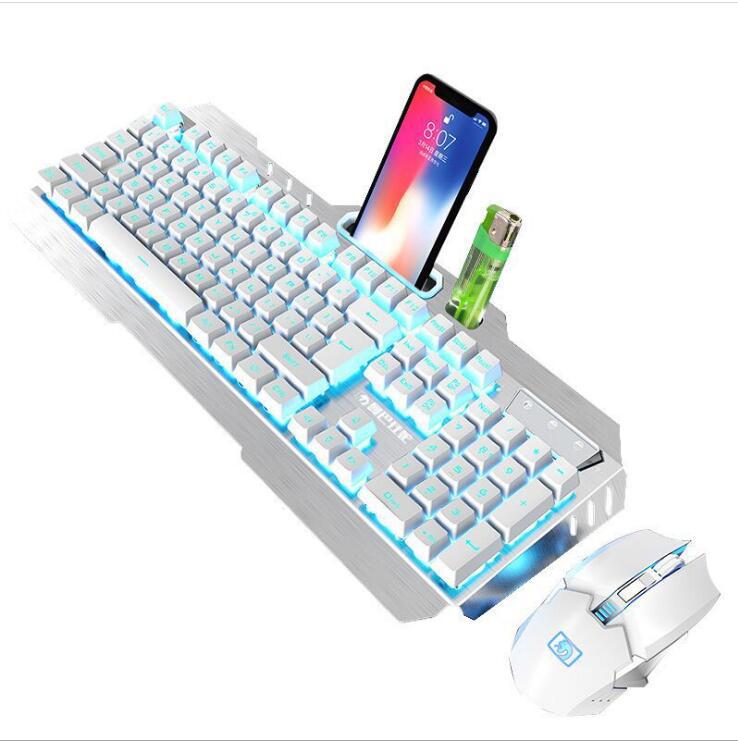 新盟K670曼巴蛇无线键盘鼠标套装可充电笔记本台式电脑电竞游戏CF：670无线充电白色冰蓝发光版
