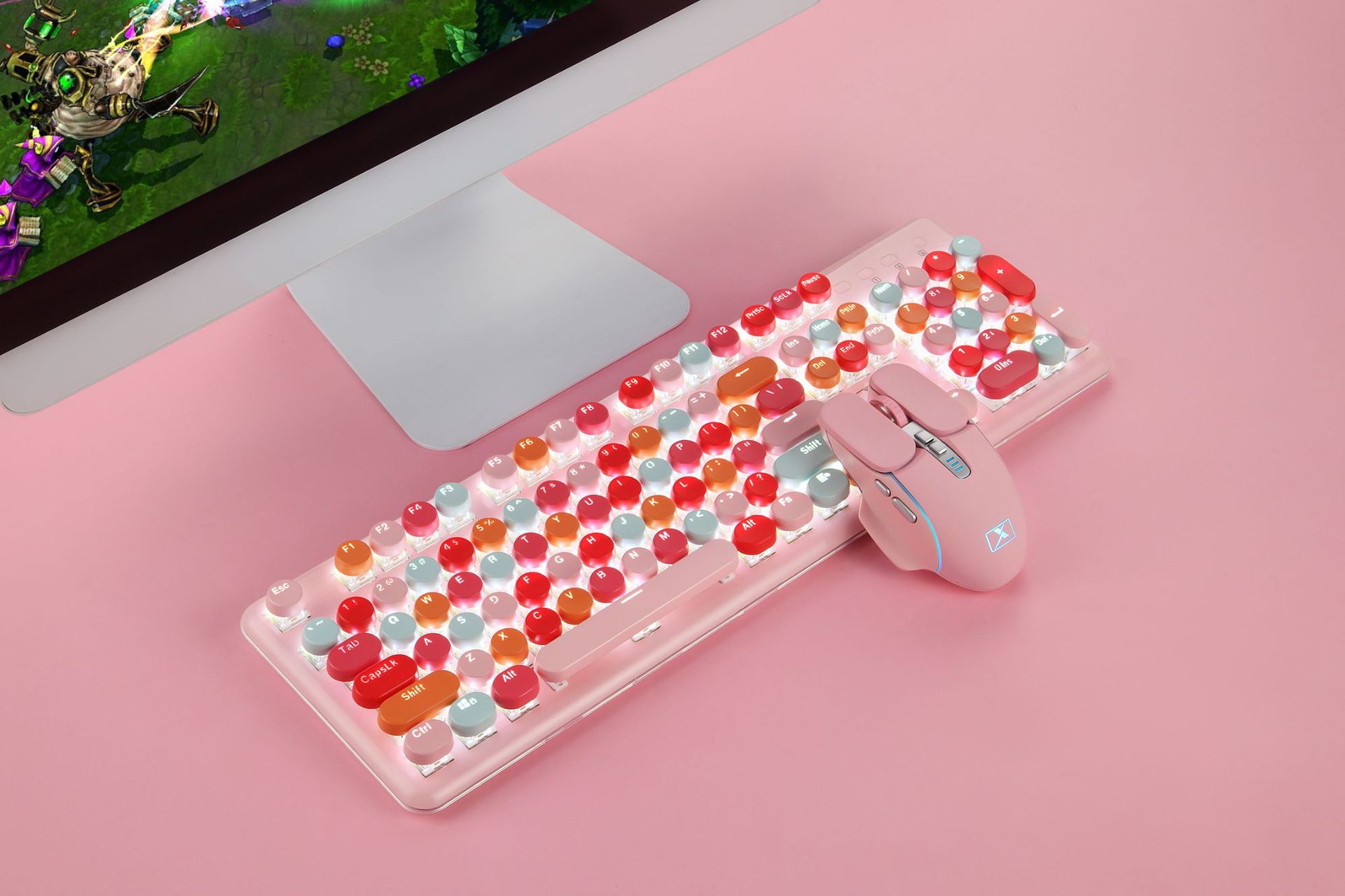 新盟913充电无线机械键盘鼠标套装口红游戏网红可爱键鼠套装跨境