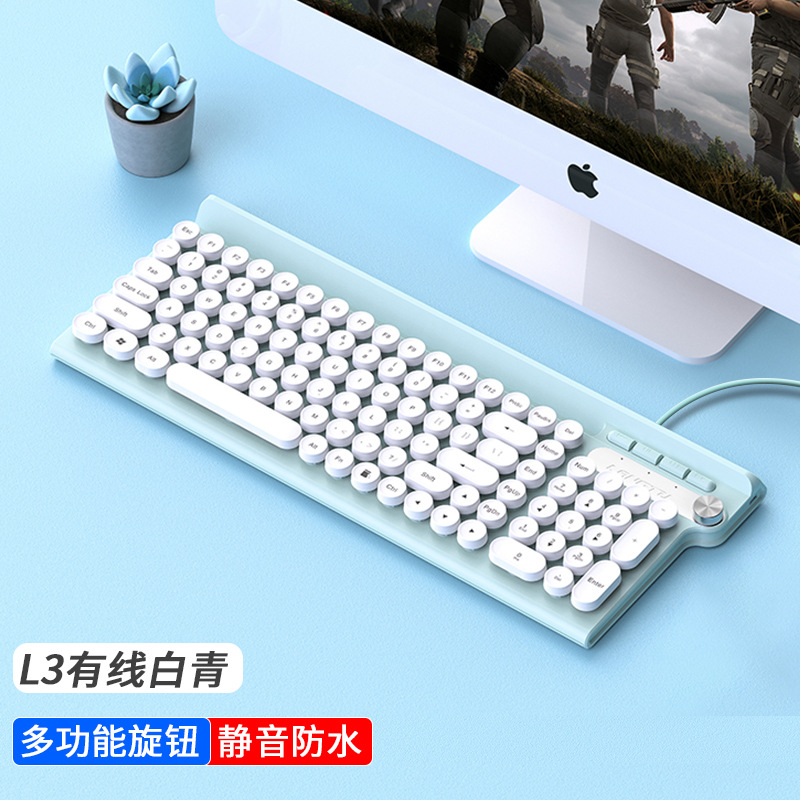 狼途L3有线键盘无声办公打字笔记本电脑台式薄膜键盘鼠标套装便携：L3白青有线键盘