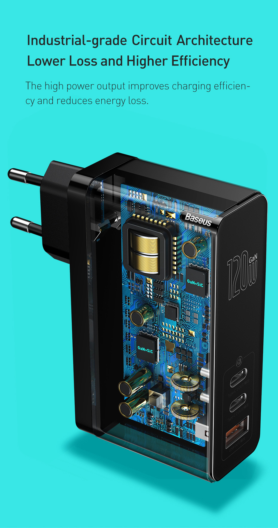 倍思GaN氮化镓120W适用于华为双cype-c三口充电器3.0QC USB欧规