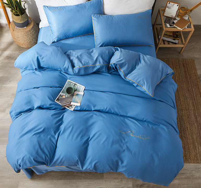 水洗棉被套四件套床单款北欧风刺绣春夏新款宿舍床上用品：蓝色
