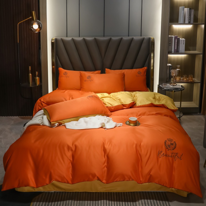 网红款冰丝四件套床上用品丝滑裸睡春秋夏季双面水洗真丝床单被罩：活力橙