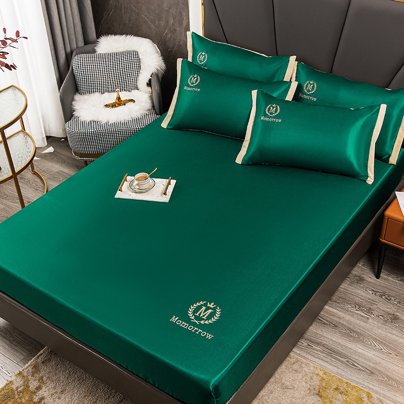 新款冰丝席床笠三件套简约绣花套件折叠式单双人床上用品：墨绿