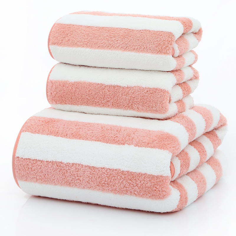 毛巾浴巾套装成人大号男女条纹三件套定制涤锦吸水珊瑚绒礼品套巾：宽彩条粉色