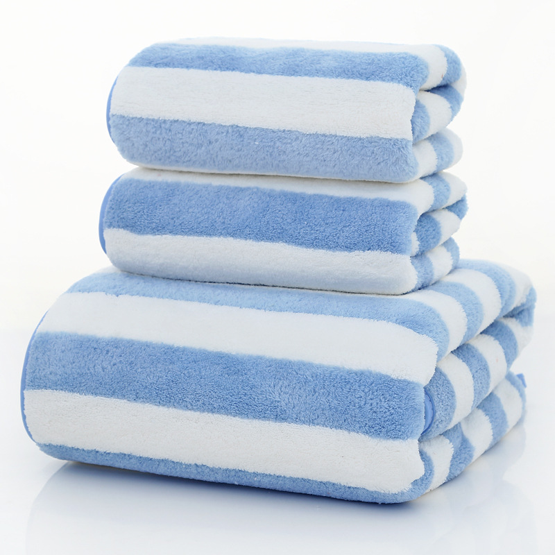 浴巾毛巾套巾 成人男女套装 加大加厚柔软吸水面巾：宽彩条蓝色