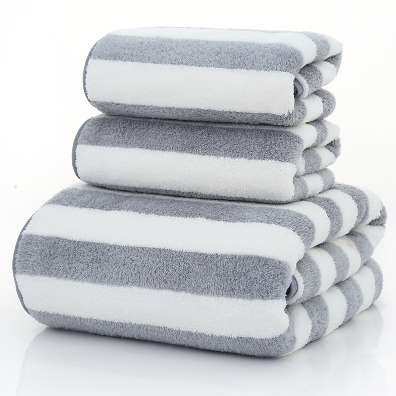 浴巾毛巾套巾 成人男女套装 加大加厚柔软吸水面巾：宽彩条灰色