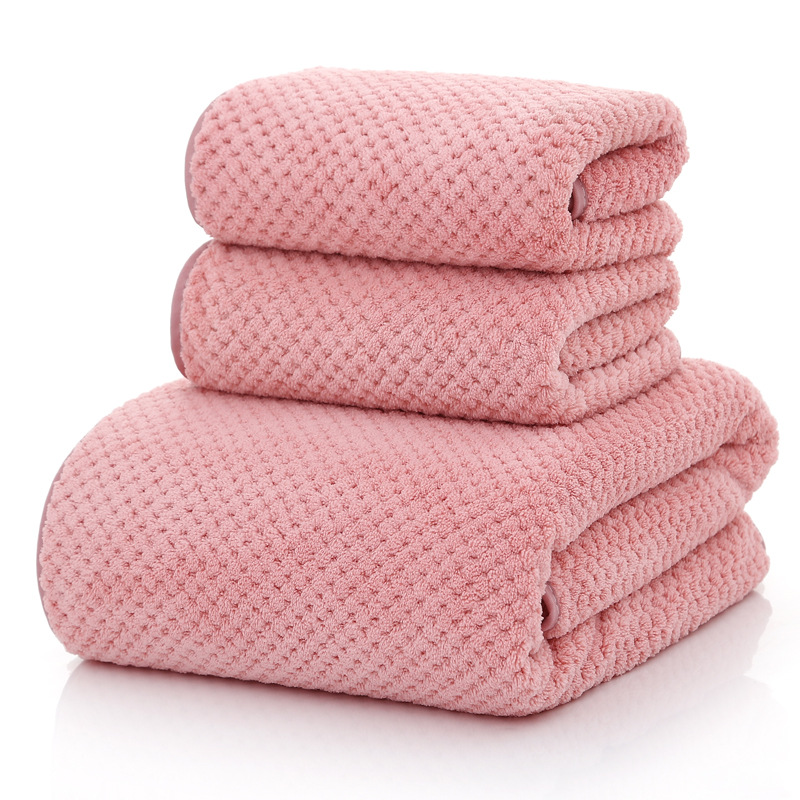 涤锦吸水套巾 成人男女情侣洗浴三件套 精编毛巾浴巾套装：菠萝格素色粉色