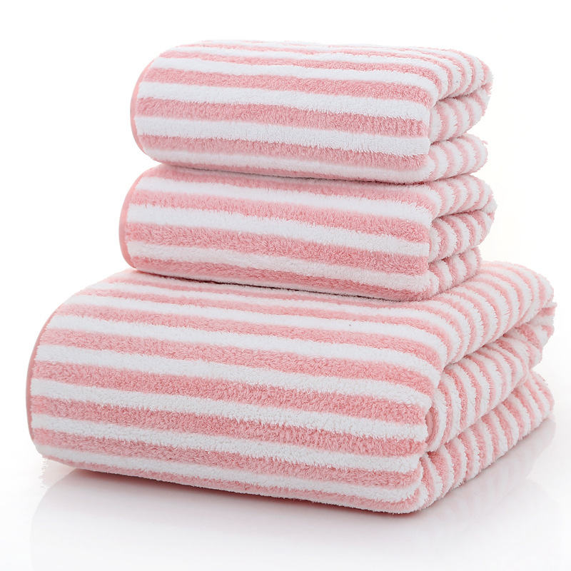 细条纹珊瑚绒套巾 柔软吸水成人毛巾浴巾洗脸巾三件套：细彩条粉色