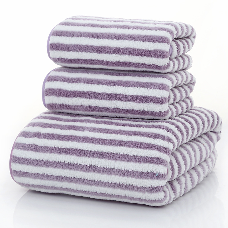 细条纹珊瑚绒套巾 柔软吸水成人毛巾浴巾洗脸巾三件套：细彩条紫色