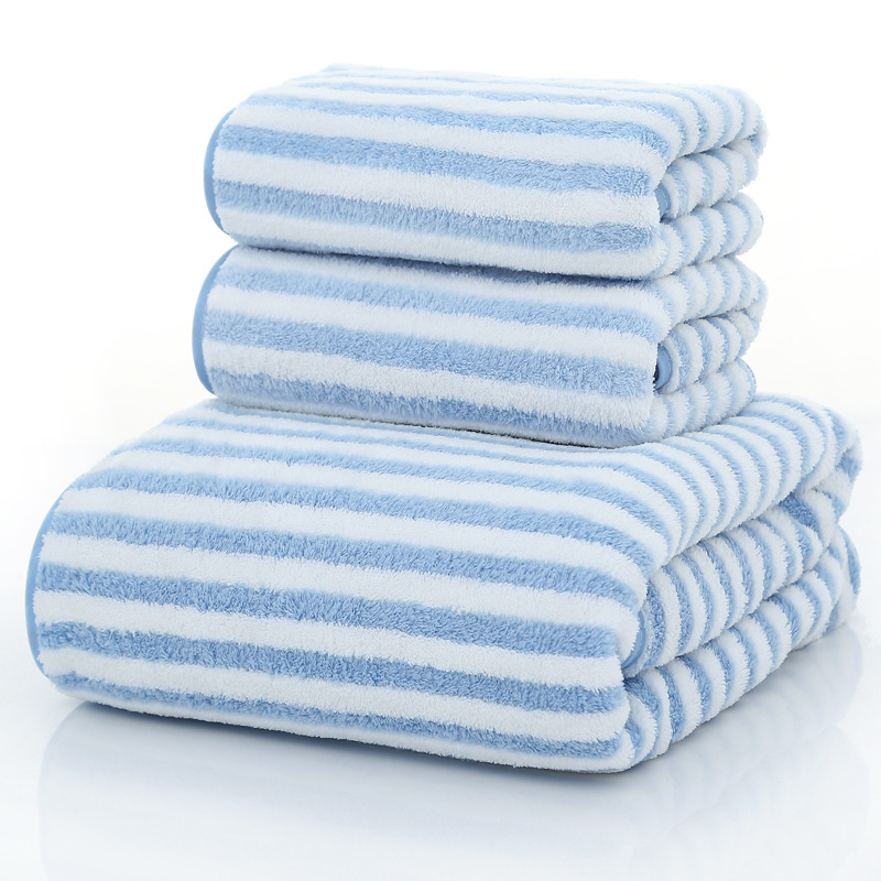 细条纹珊瑚绒套巾 柔软吸水成人毛巾浴巾洗脸巾三件套：细彩条蓝色
