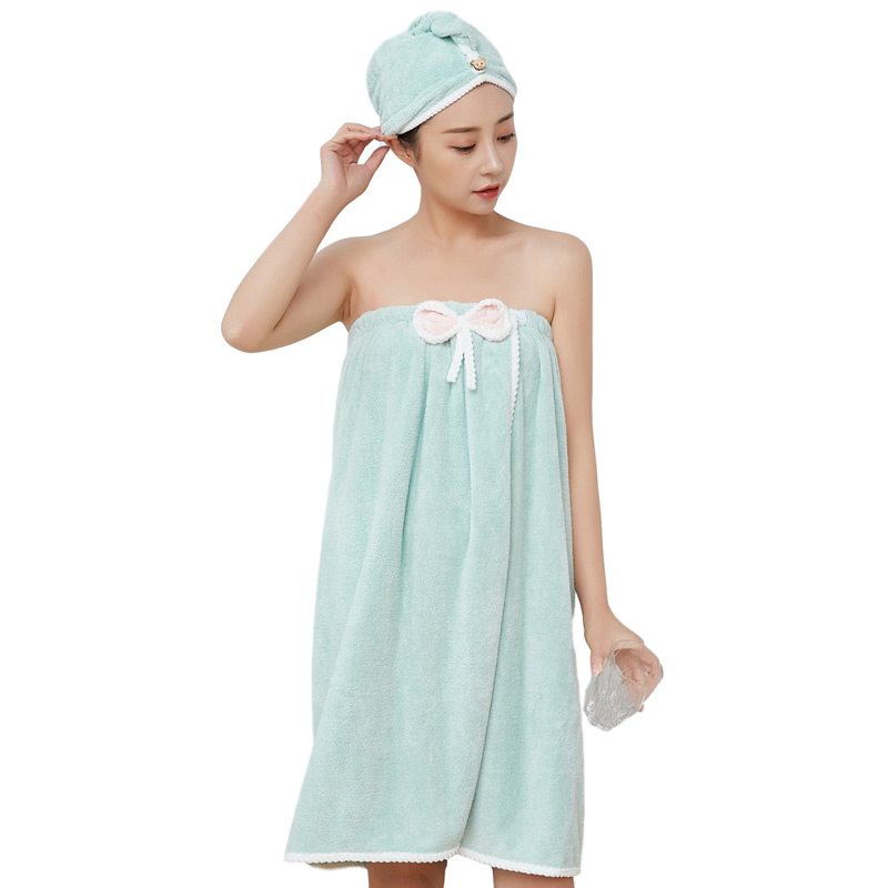 珊瑚绒浴巾蝴蝶结浴裙浴帽发带三件套 卡通吸水浴袍套装