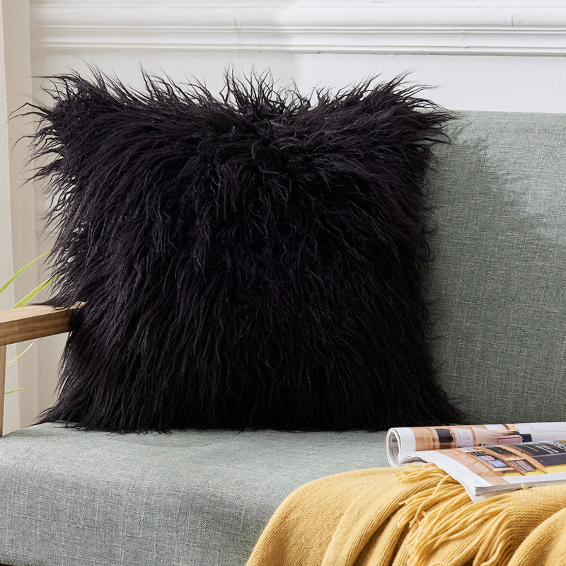 毛绒靠枕家用时尚客厅沙发靠垫卧室舒适抱枕不含芯：黑色滩羊毛枕套