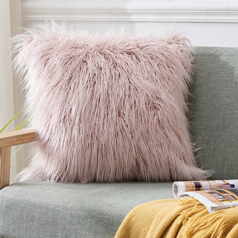 毛绒靠枕家用时尚客厅沙发靠垫卧室舒适抱枕不含芯：粉色滩羊毛枕套