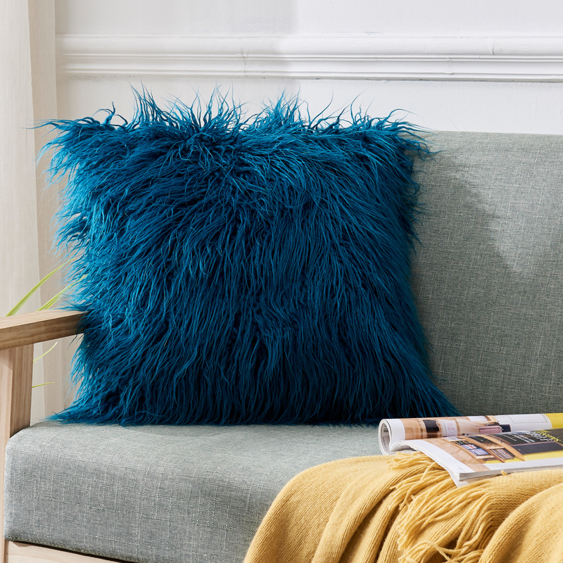 毛绒靠枕家用时尚客厅沙发靠垫卧室舒适抱枕不含芯：深蓝色滩羊毛枕套