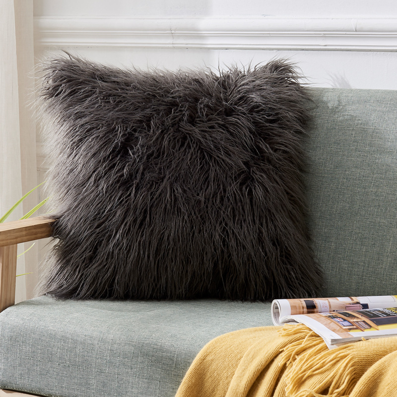毛绒靠枕家用时尚客厅沙发靠垫卧室舒适抱枕不含芯：灰色滩羊毛枕套