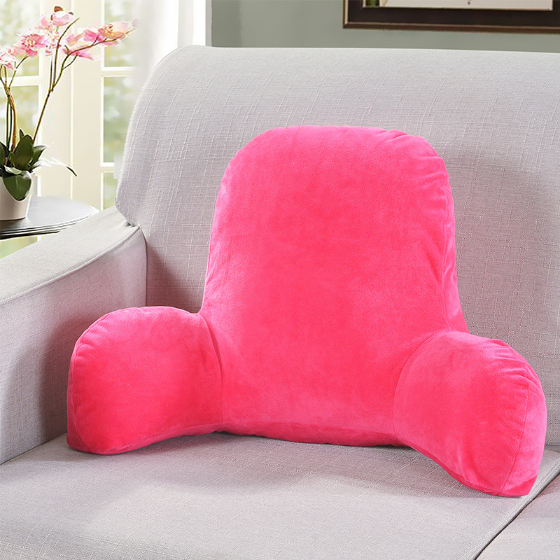 纯色灯芯绒靠垫带扶手腰靠沙发靠背枕保暖水晶绒抱枕：玫红