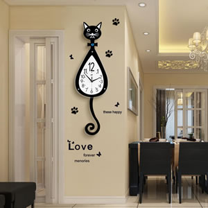 卡通猫咪静音装饰时钟ebay个性创意时钟亚克力挂钟客厅装饰墙壁钟