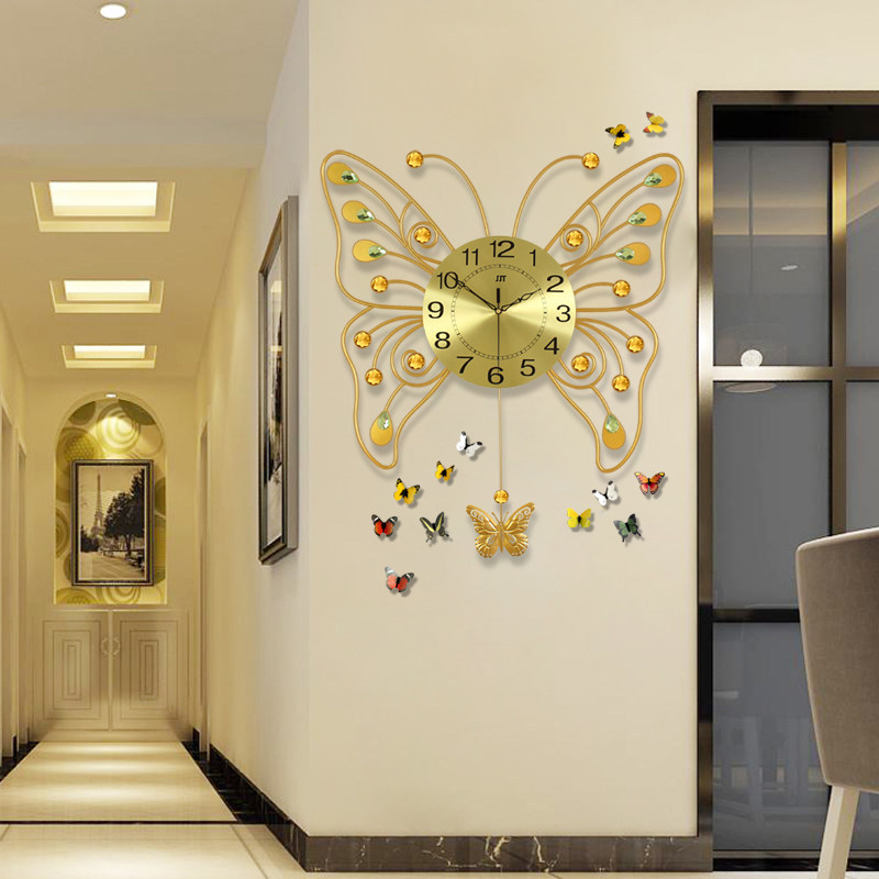 蝴蝶图案客厅静音创意挂钟镶钻装饰挂表个性艺术钟表简约石英钟