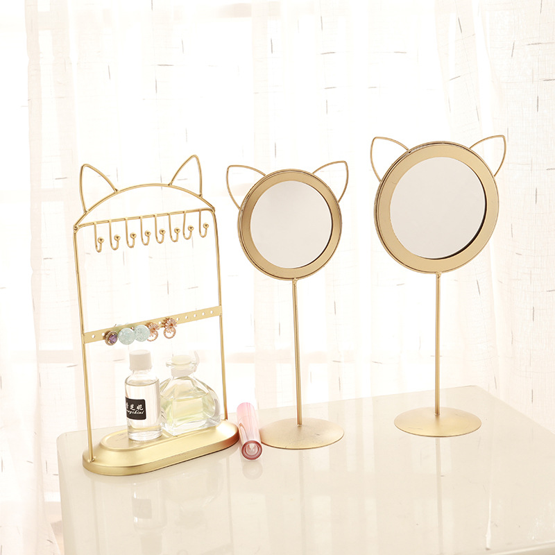 现代简约可爱猫耳朵化妆镜金属镜子猫耳朵首饰架