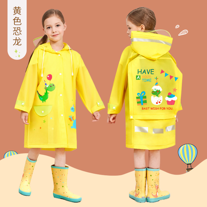 Smally儿童EVA雨衣带书包位宝宝学生全身雨披 卡通恐龙上防水雨具：黄色恐龙【大帽檐带书包位】