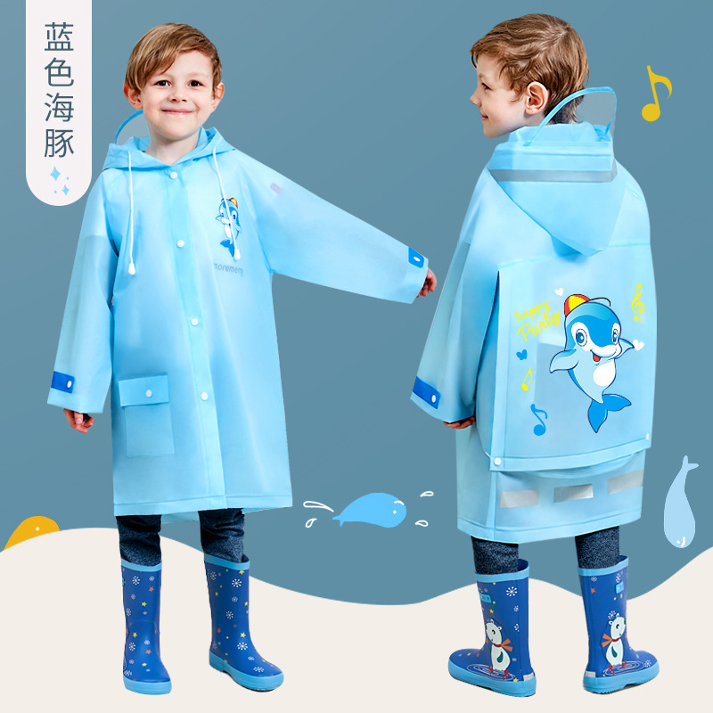 Smally儿童EVA雨衣带书包位宝宝学生全身雨披 卡通恐龙上防水雨具：蓝色海豚【大帽檐带书包位】