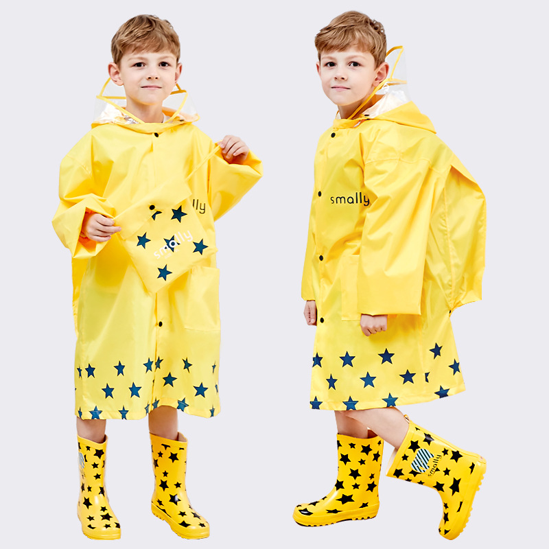 Smally雨衣儿童韩国雨披男女童松紧袖大帽檐小学生可爱连体雨衣：黄色【书包位雨衣】
