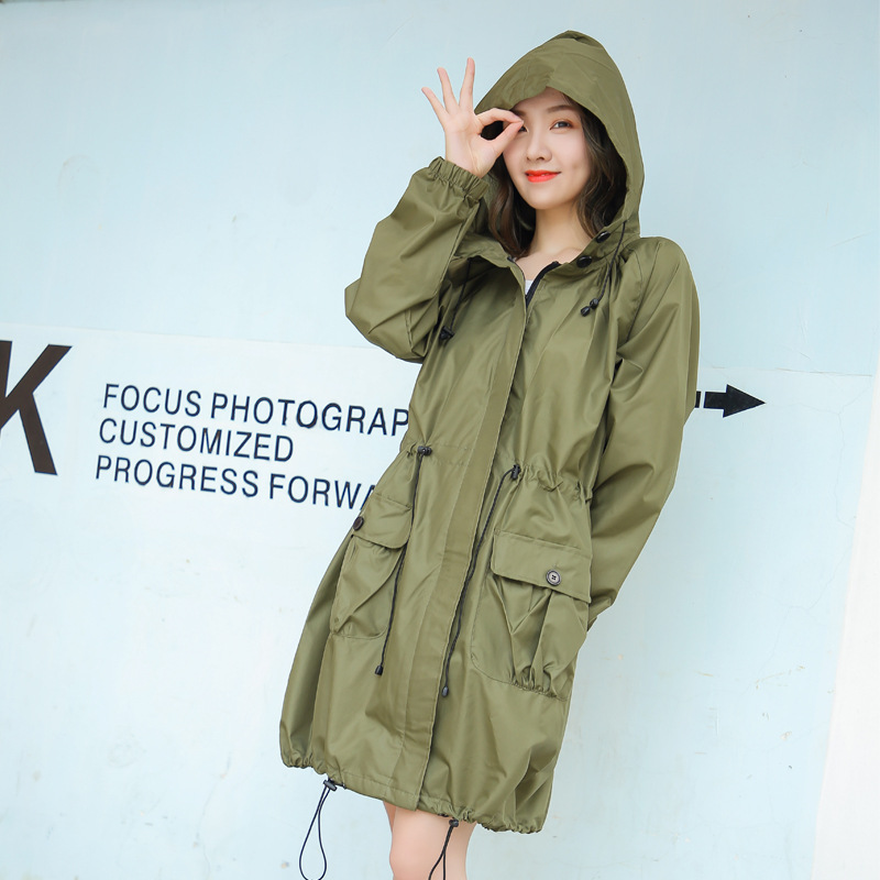 风衣式雨衣女时尚成人 徒步 长款防水wpc雨披透气韩版可爱：1040-军绿