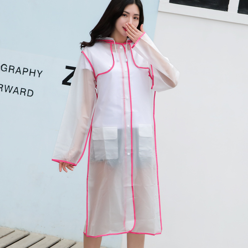 EVA包边透明雨衣男潮流韩版徒步长款透气连体防水雨披：粉色包边
