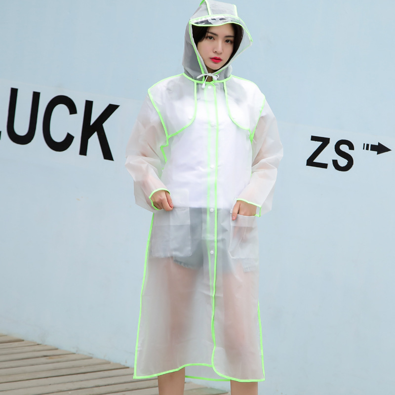 EVA包边透明雨衣男潮流韩版徒步长款透气连体防水雨披：绿色包边