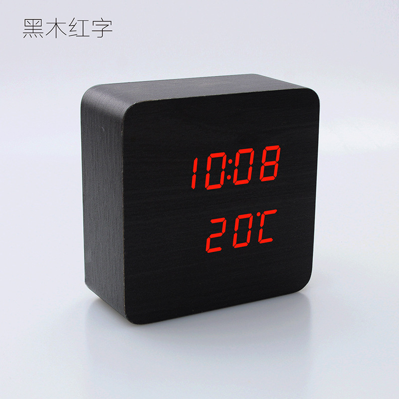 LED木头钟创意多功能床头钟声控智能家居时钟表温度计电子闹钟：黑木红字
