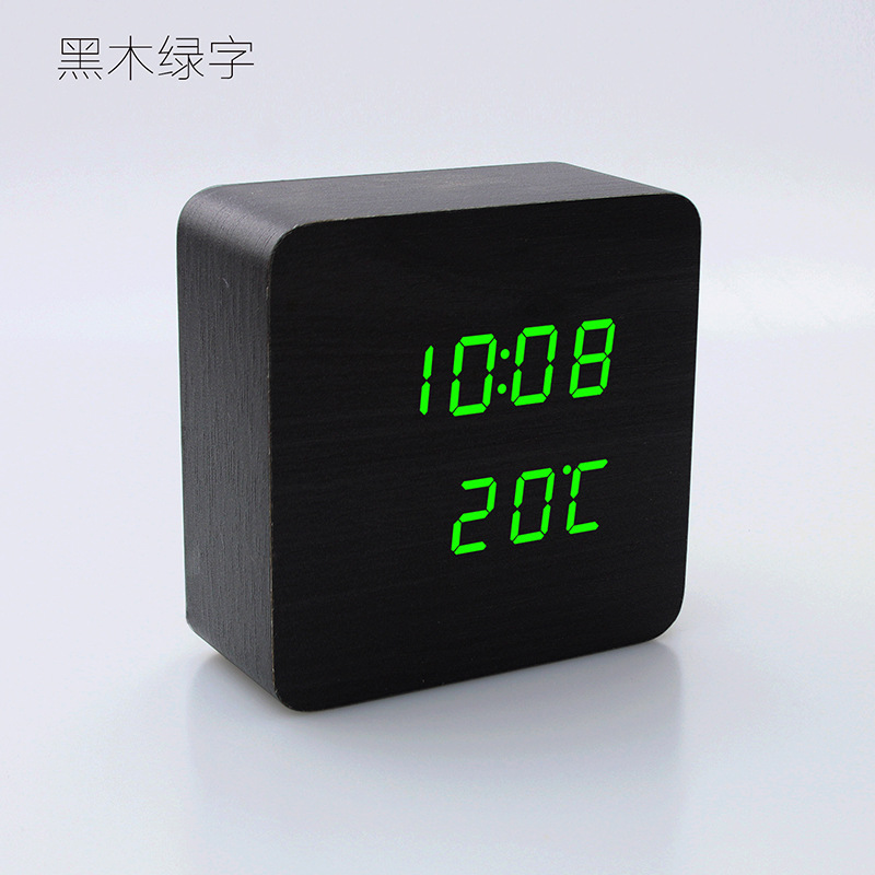 LED木头钟创意多功能床头钟声控智能家居时钟表温度计电子闹钟：黑木绿字