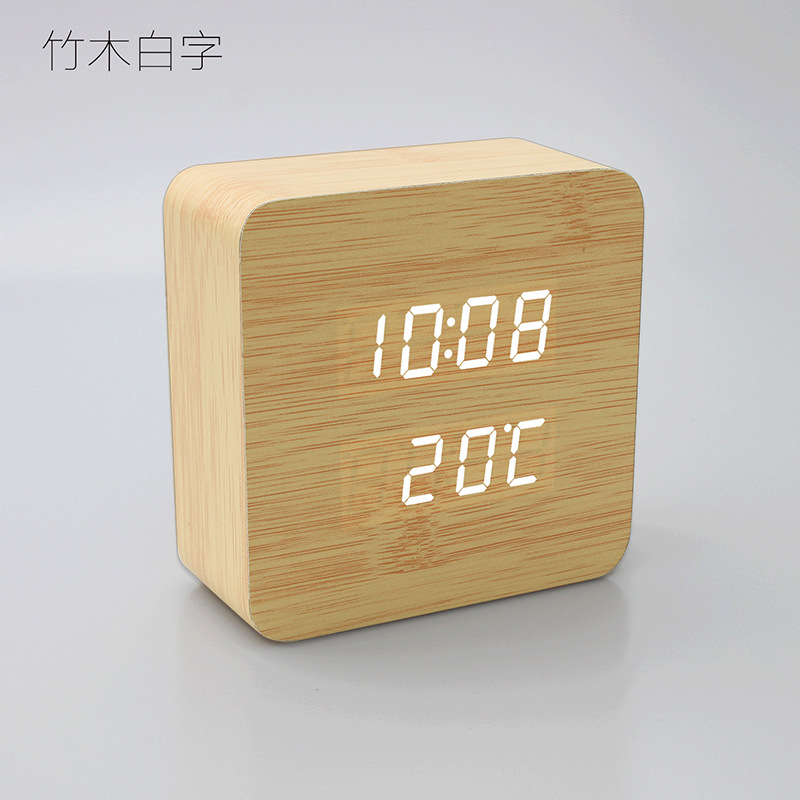 LED木头钟创意多功能床头钟声控智能家居时钟表温度计电子闹钟：竹木白字