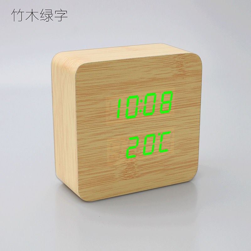 LED木头钟创意多功能床头钟声控智能家居时钟表温度计电子闹钟：竹木绿字
