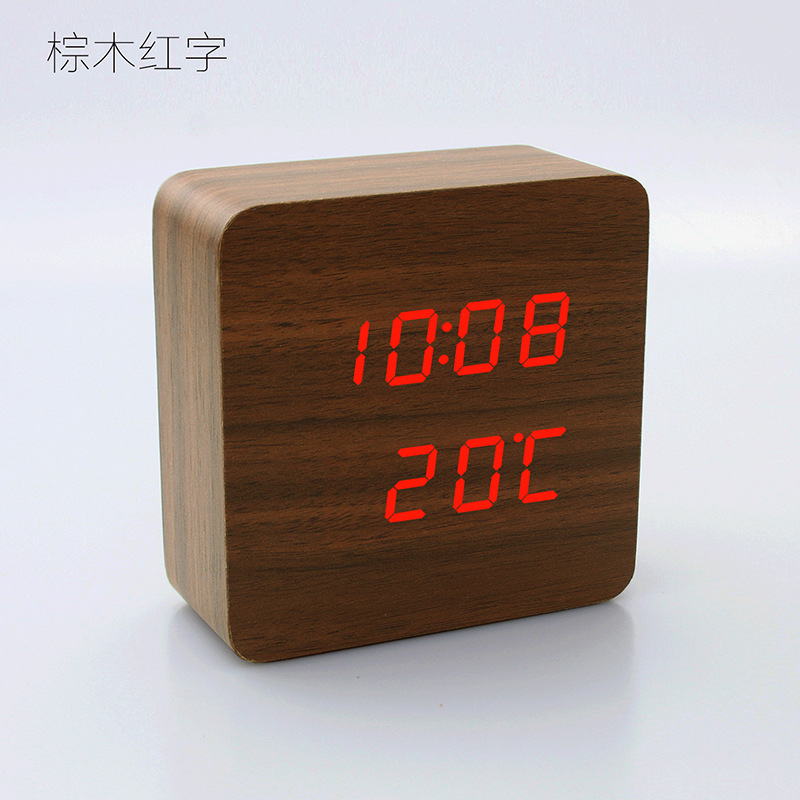 LED木头钟创意多功能床头钟声控智能家居时钟表温度计电子闹钟：棕木红字