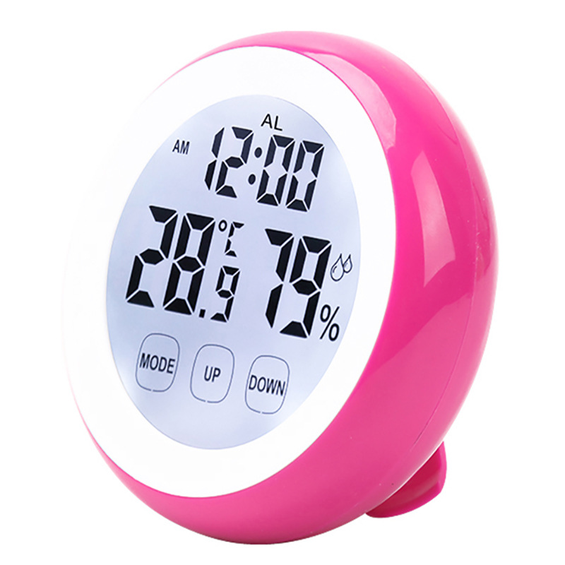 新款圆形温湿度闹钟触摸时钟家用数字显示温度计电子钟3305B：红色