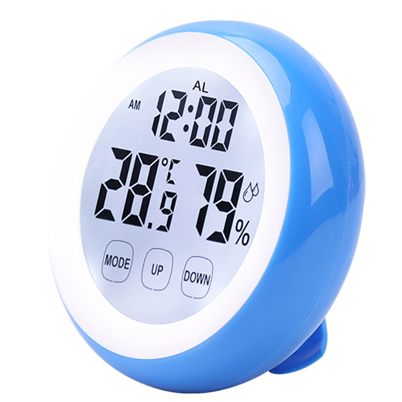 新款圆形温湿度闹钟触摸时钟家用数字显示温度计电子钟3305B：蓝色