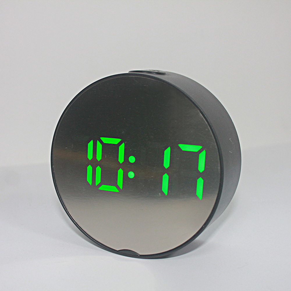 创意镜面闹钟 多功能LED钟表化妆镜闹钟电池插电两用镜子闹钟6505：圆形黑壳绿光