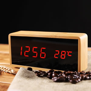 新款木头钟LED钟真实竹木工艺电子钟带温度闹钟镜面钟1299真竹