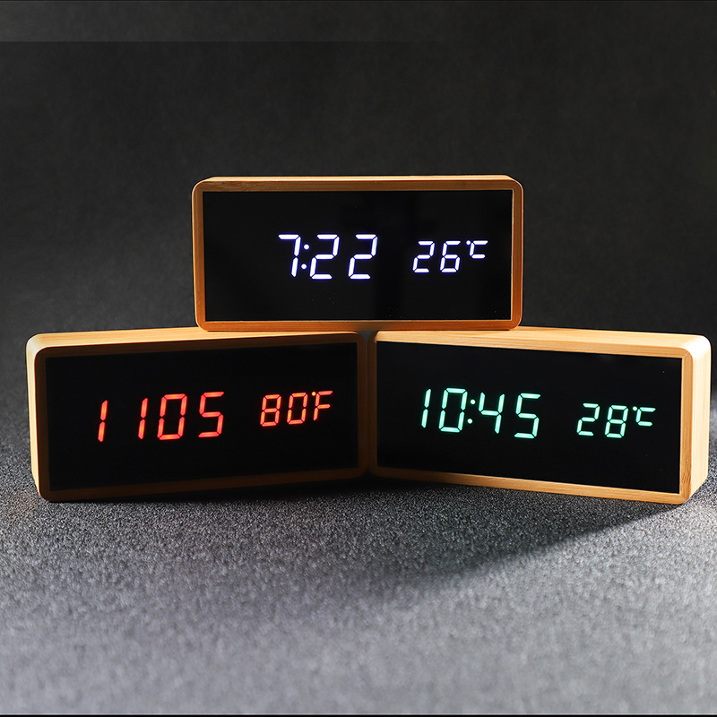 新款木头钟LED钟真实竹木工艺电子钟带温度闹钟镜面钟1299真竹：白色