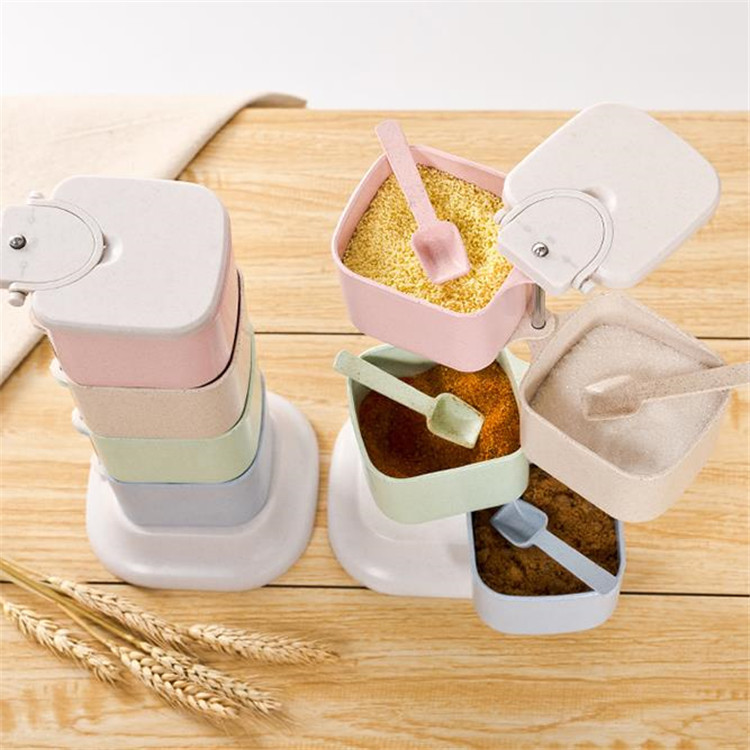 小麦秸秆四格可旋转立式带勺子调味盒厨房调料盒调料罐调味味精盒