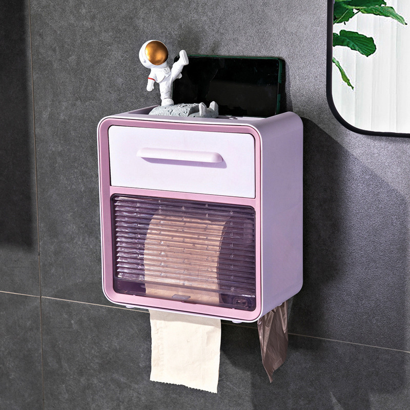 卫生间纸巾盒厕纸置物架厕所挂壁创意免打孔防水卫生纸抽纸卷纸盒：大号紫色