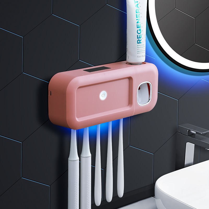 智能电动牙刷消毒器置物架免打孔杀菌壁挂卫生间刷牙杯牙膏收纳盒：北欧粉
