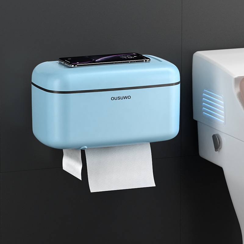 卫生纸盒卫生间纸巾置物架厕所家用免打孔挂壁式创意抽纸盒卷纸筒：蓝色