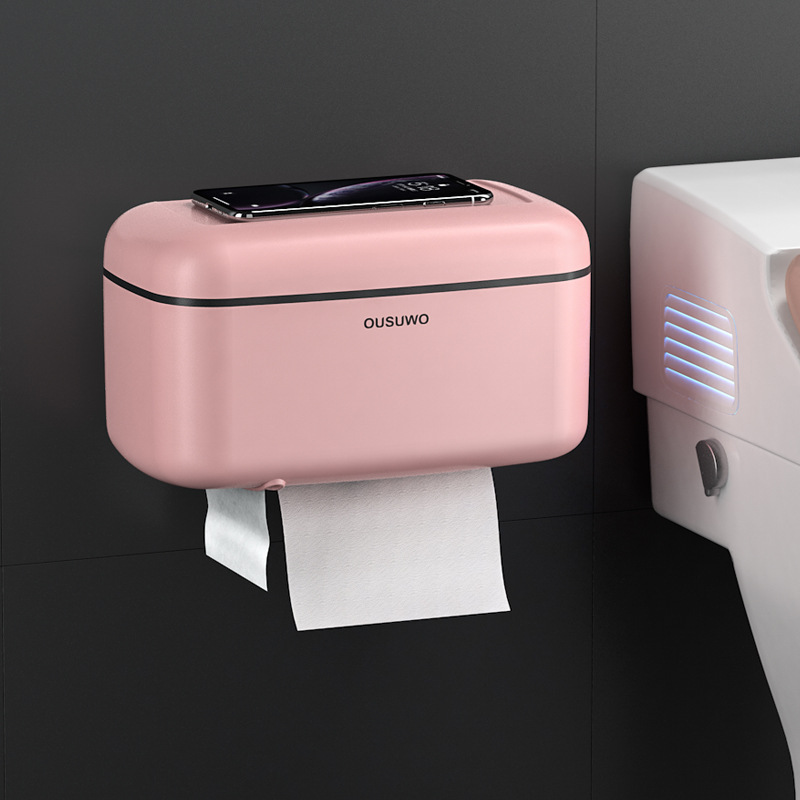 卫生纸盒卫生间纸巾置物架厕所家用免打孔挂壁式创意抽纸盒卷纸筒：粉色